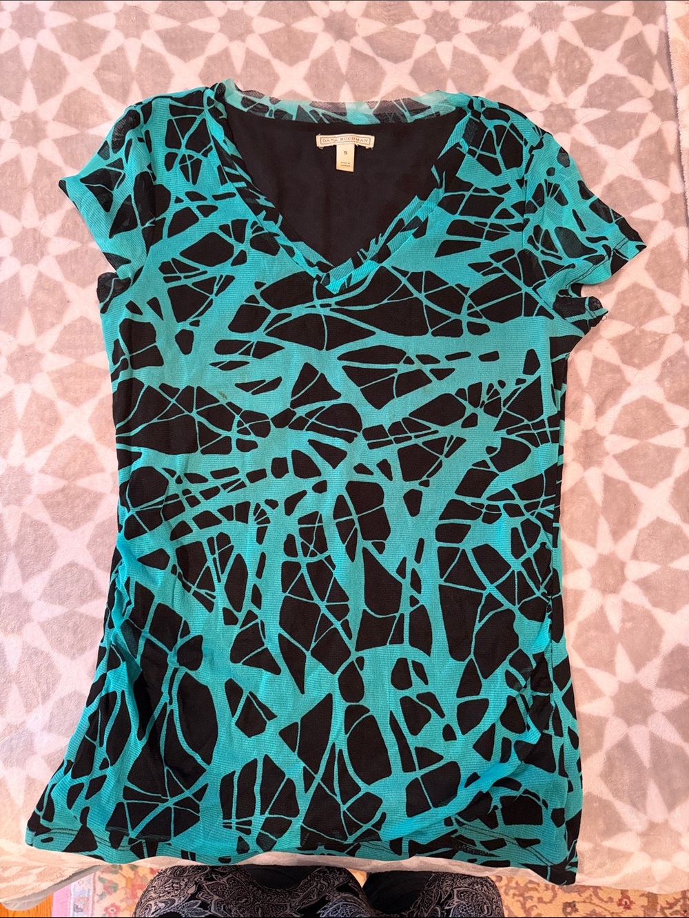Dana Buchman Teal & Black V-Neck Short Sleeve Top